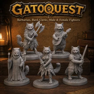 GatoQuest Cat Miniatures – Barbarian, Bard, Cleric, Fighter Set (Unpainted) 32mm or 75mm
