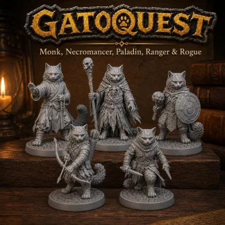 GatoQuest Cat Miniatures | Monk, Necromancer, Paladin, Ranger, Rogue Set (32mm/75mm)