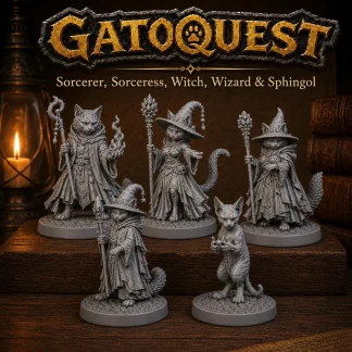 GatoQuest Cat Miniatures | Sorcerer, Sorceress, Witch, Wizard, Sphingol Set (32mm & 75mm)